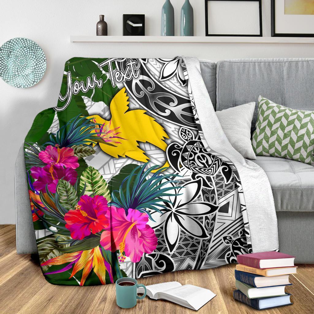 Papua New Guinea Custom Personalised Premium Blanket White - Turtle Plumeria Banana Leaf - Polynesian Pride