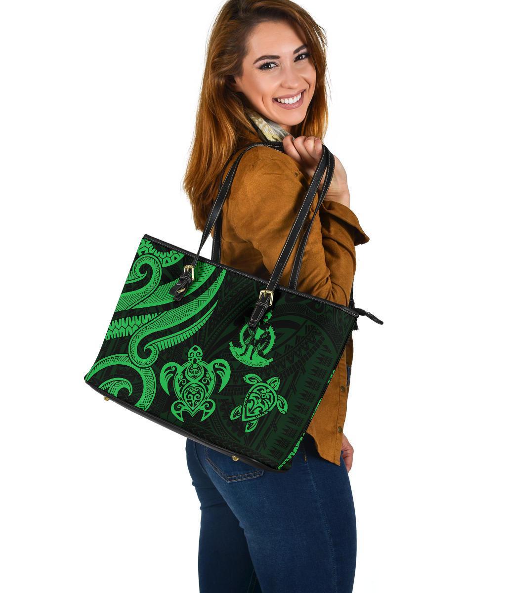 Vanuatu Large Leather Tote - Green Tentacle Turtle - Polynesian Pride
