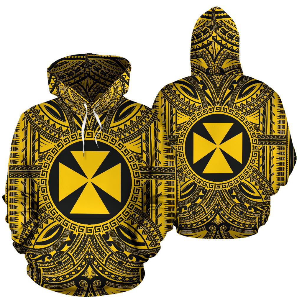 Wallis nd Futuna ll Over Hoodie Wallis nd Futuna Coat of rms Polynesian Gold Black - Polynesian Pride