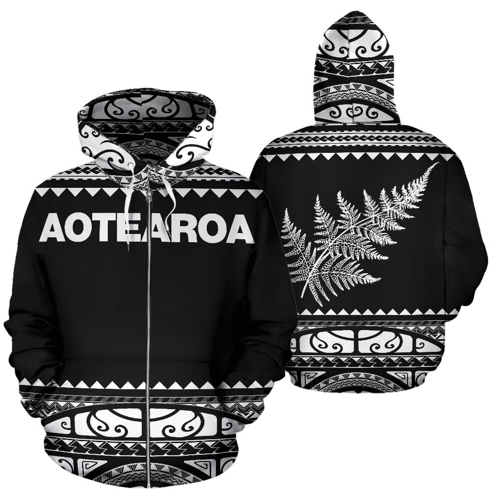 New Zealand Maori Zip up Hoodie, Aotearoa Silver Fern Zipper Hoodie White Unisex White - Polynesian Pride