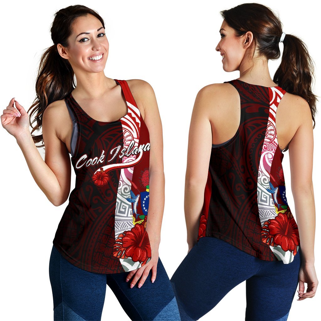 Cook Islands Polynesian Women's Racerback Tank - Coat Of Arm With Hibiscus Red - Polynesian Pride