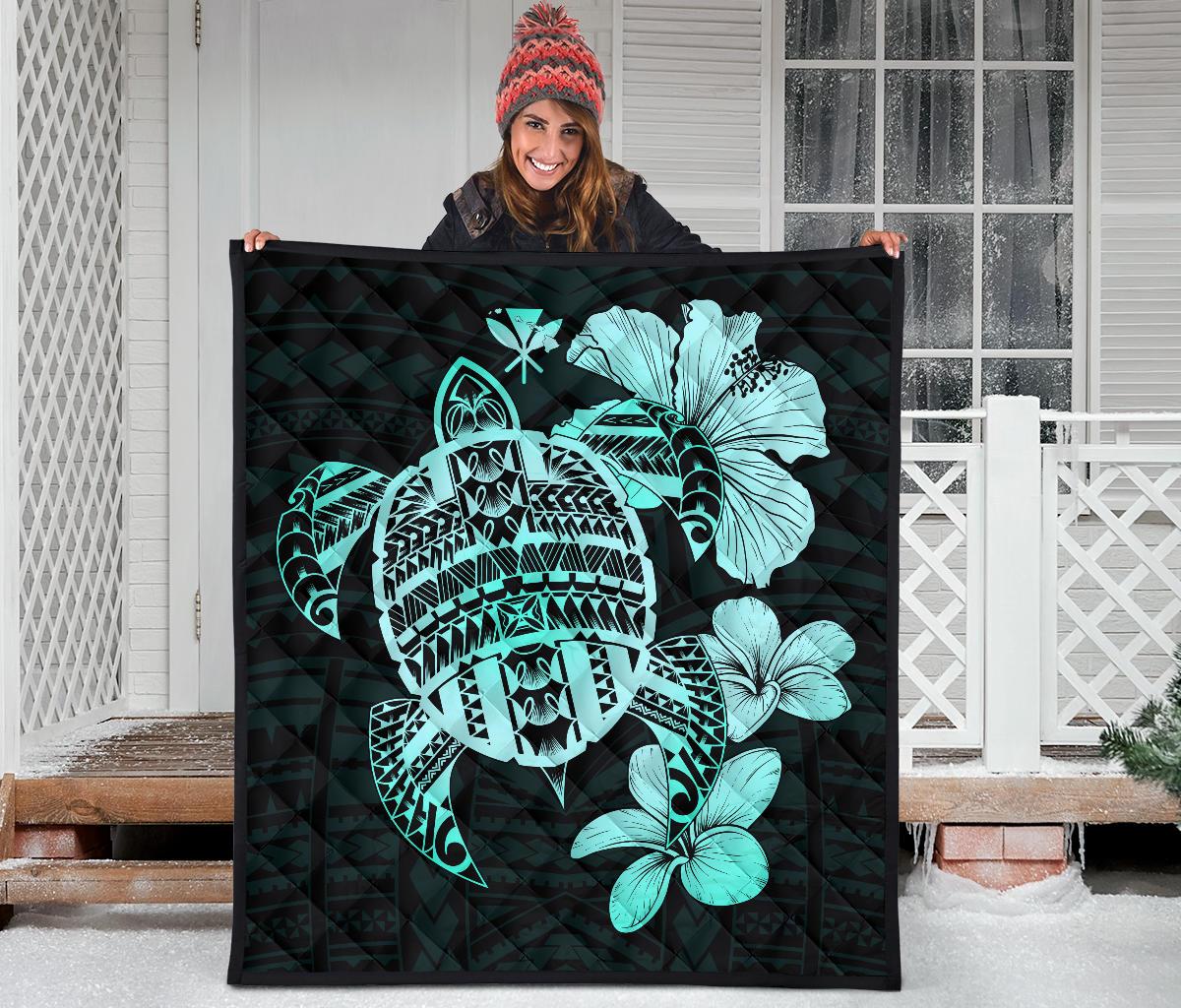 Hawaiian Kanaka Hibiscus Plumeria Mix Polynesian Turtle Premium Quilt Turquoise AH - Polynesian Pride