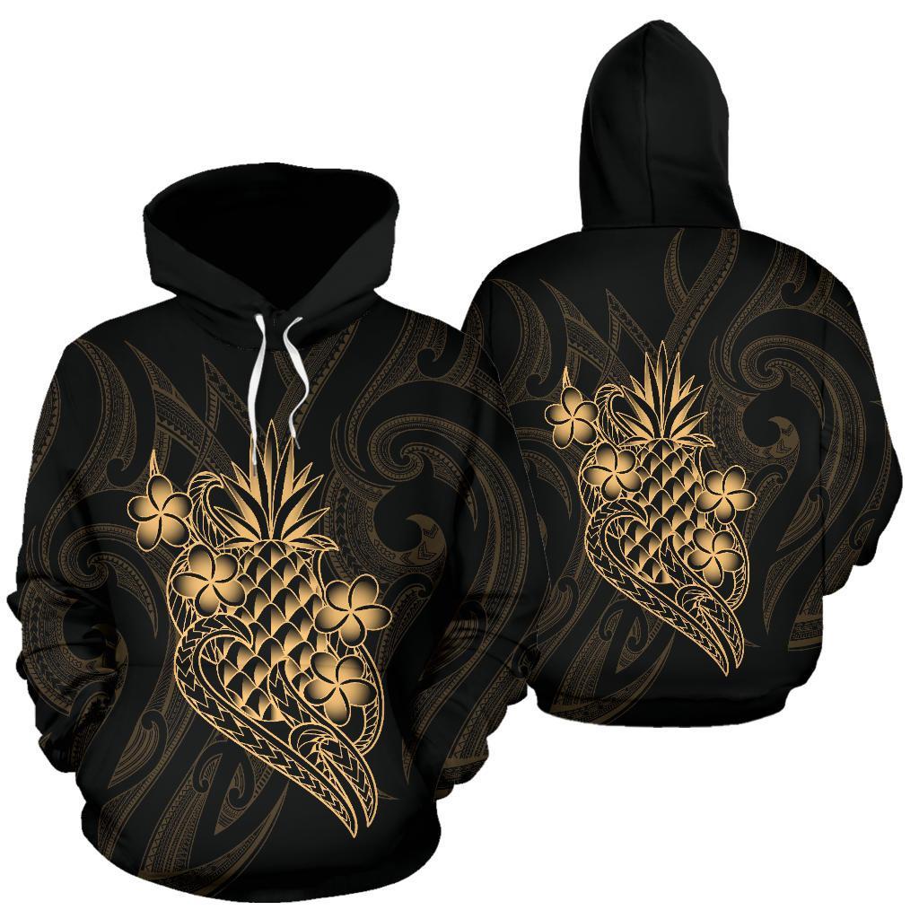 Polynesian ll Over Hoodie Gold Pineapple Unisex Black - Polynesian Pride