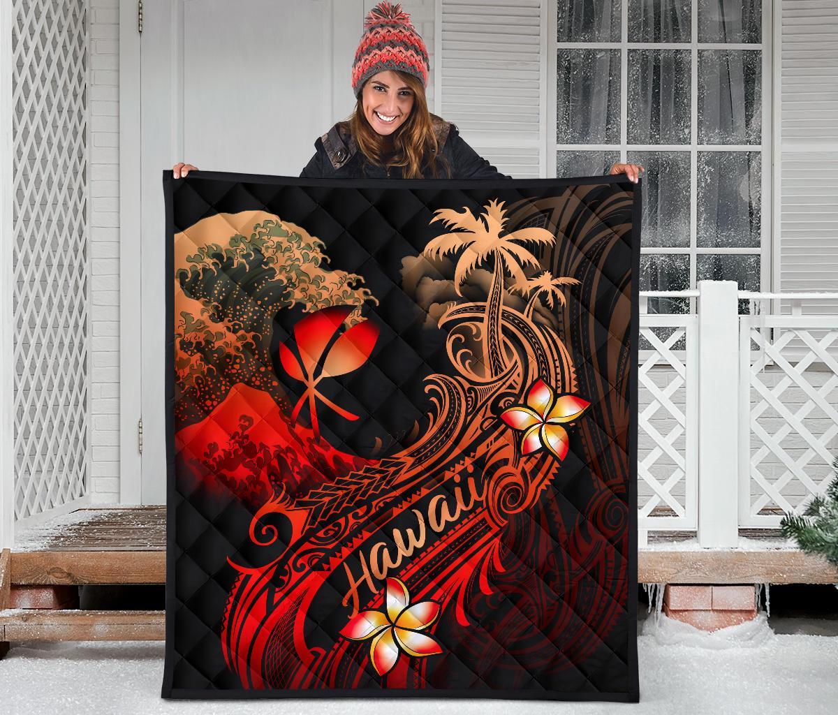 Hawaii Polynesian Premium Quilt - Plumeria Flowers And Waves - Polynesian Pride