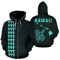 Polynesian Kakau Turtle Map of Hawaii Zip Hoodie Turquoise Unisex Turquoise - Polynesian Pride