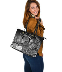 Pohnpei Custom Personalised Leather Tote Bag - Humpback Whale with Tropical Flowers (White) - Polynesian Pride