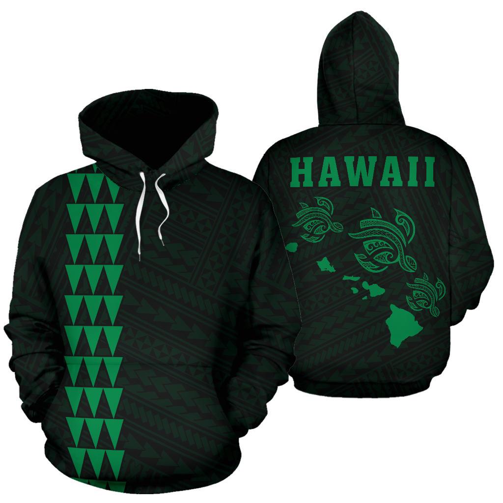 Polynesian Kakau Three Turtle Map of Hawaii Hoodie Green Unisex Green - Polynesian Pride
