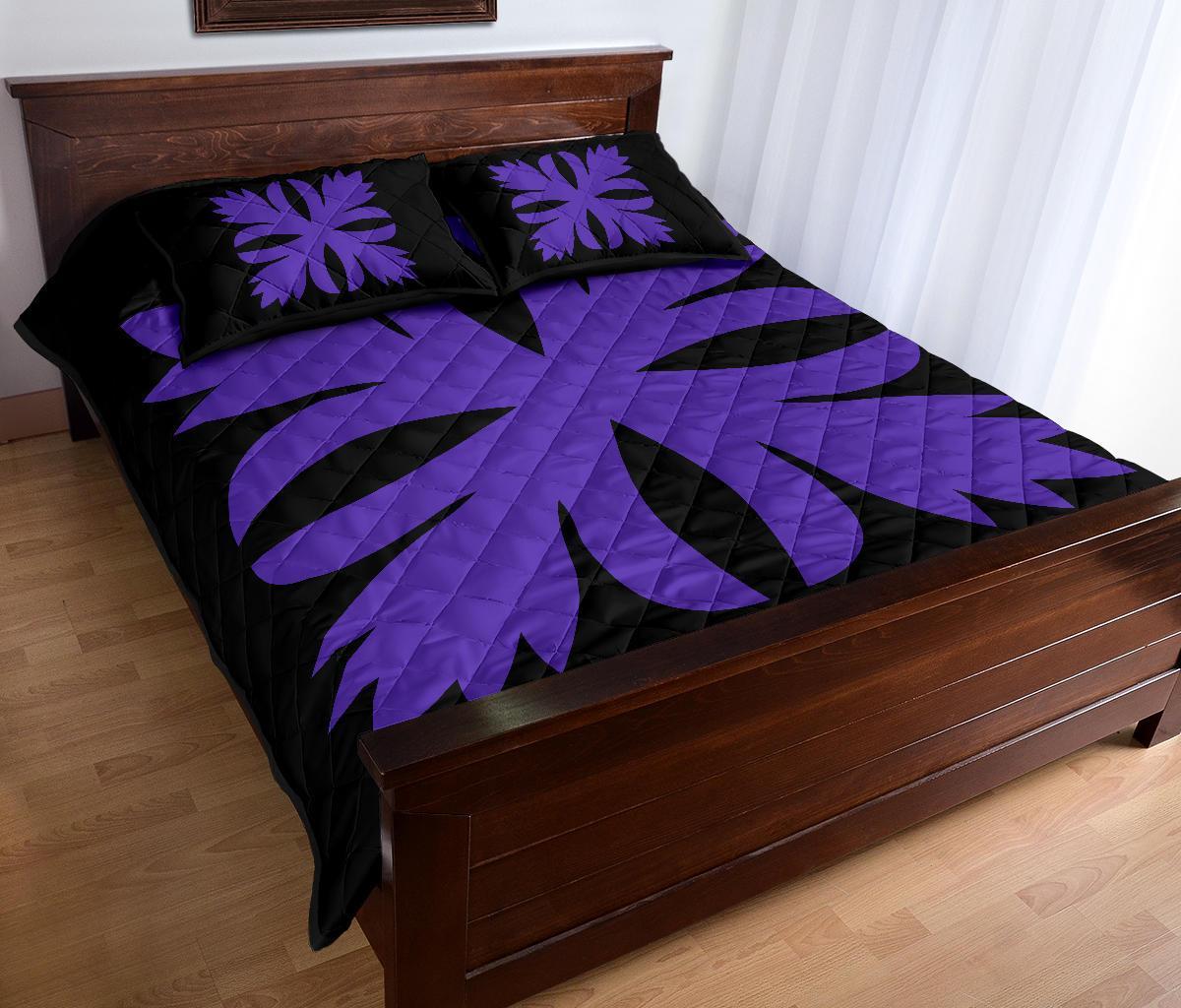 Hawaiian Royal Pattern Quilt Bed Set - Black And Purple - C3 Style - Polynesian Pride