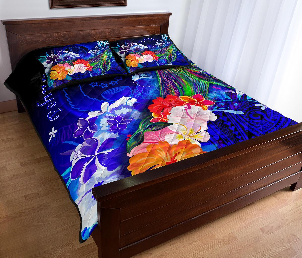 Pohnpei Quilt Bed Set - Humpback Whale with Tropical Flowers (Blue) - Polynesian Pride