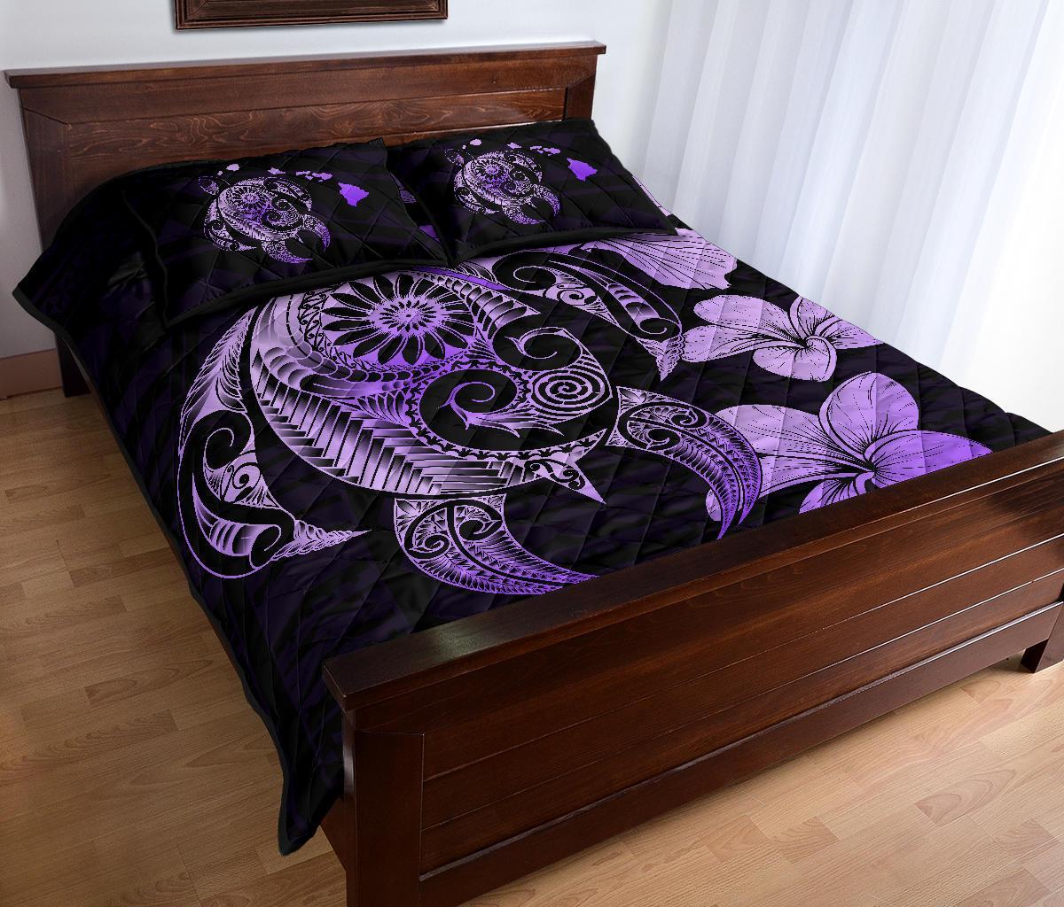 Hibiscus Plumeria Mix Polynesian Violet Turtle Quilt Bed Set - Polynesian Pride