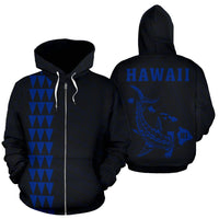 Hawaii Kakau Polynesian Blue Hammerhead Shark Hoodie (Zip) Unisex Blue - Polynesian Pride