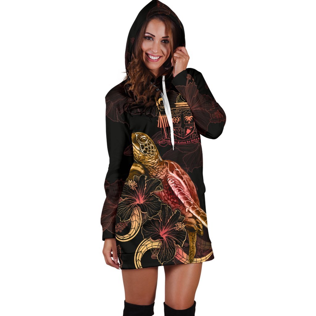 FiJi Polynesian Hoodie Dress - Turtle With Blooming Hibiscus Gold - Polynesian Pride