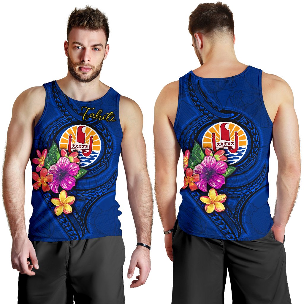 Tahiti Polynesian Men's Tank Top - Floral With Seal Blue Blue - Polynesian Pride