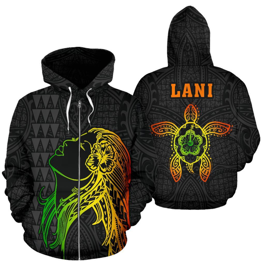 Polynesian Kakau LANI Hula Girl Turtle Hibiscus Hawaii Zip Hoodie Unisex Black - Polynesian Pride