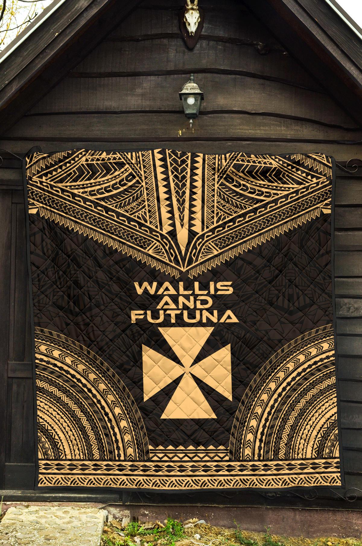 Wallis And Futuna Premium Quilt - Wallis And Futuna Coat Of Arms Polynesian Chief Gold Version - Polynesian Pride