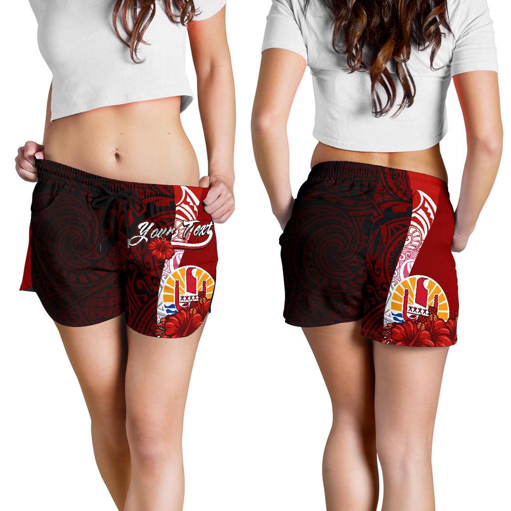 Tahiti Polynesian Custom Personalised Women's Shorts - Coat Of Arm With Hibiscus Women Red - Polynesian Pride