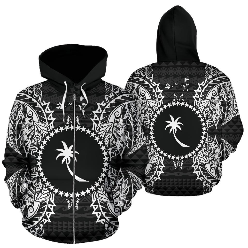 Chuuk Polynesian All Over Zip up Hoodie Map Black Unisex Black - Polynesian Pride