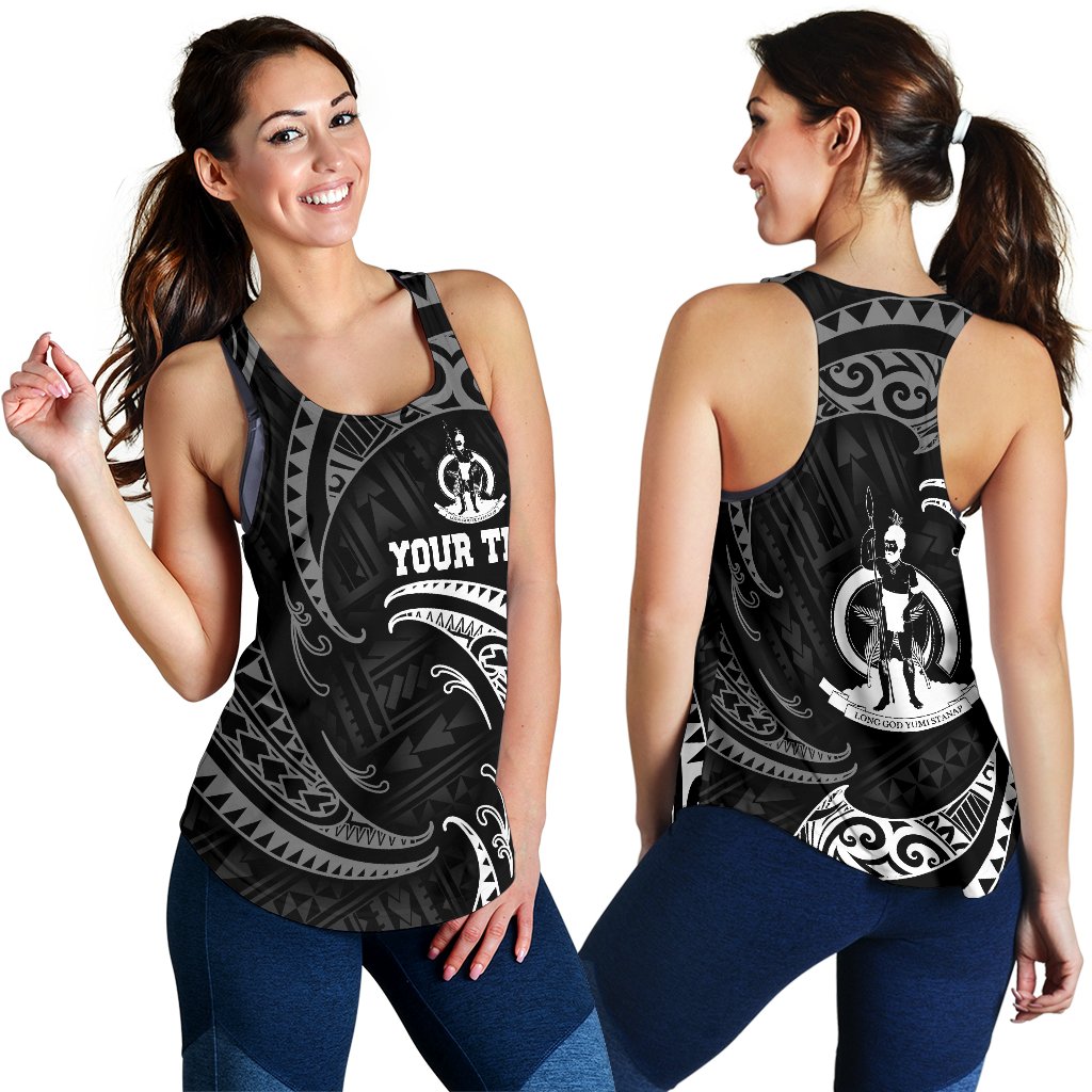 Vanuatu Polynesian Custom Personalised Women's Racerback Tank - White Tribal Wave Black - Polynesian Pride