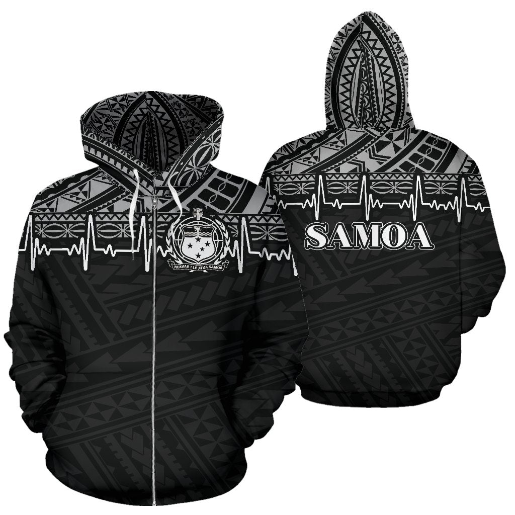 Samoa Polynesian All Over Zip up Hoodie Black White Heartbeat Style Unisex Black - Polynesian Pride