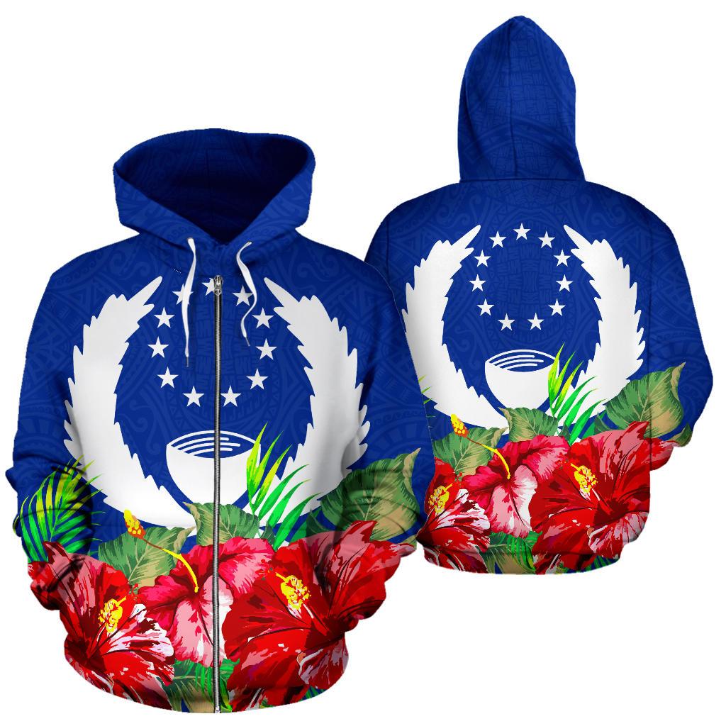 Pohnpei Polynesian Zip Hoodie Flag Hibiscus Unisex Blue - Polynesian Pride