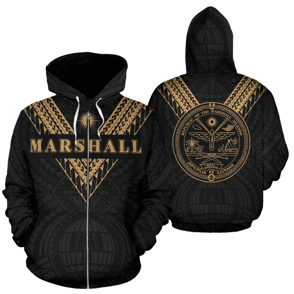 Marshall Islands All Over Zip up Hoodie Gold Sailor Style Unisex Black - Polynesian Pride