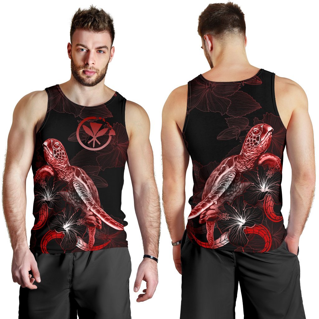 Hawaii Men Tank Top - Turtle With Blooming Hibiscus Red - Polynesian Pride