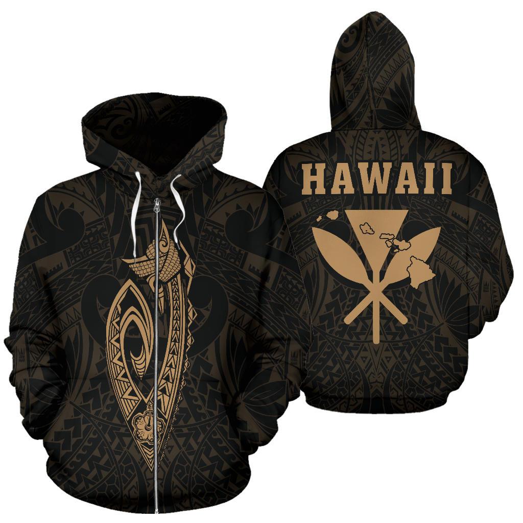Polynesian Fish Hook Kanaka Map of Hawaii Zip Hoodie Gold Unisex Gold - Polynesian Pride