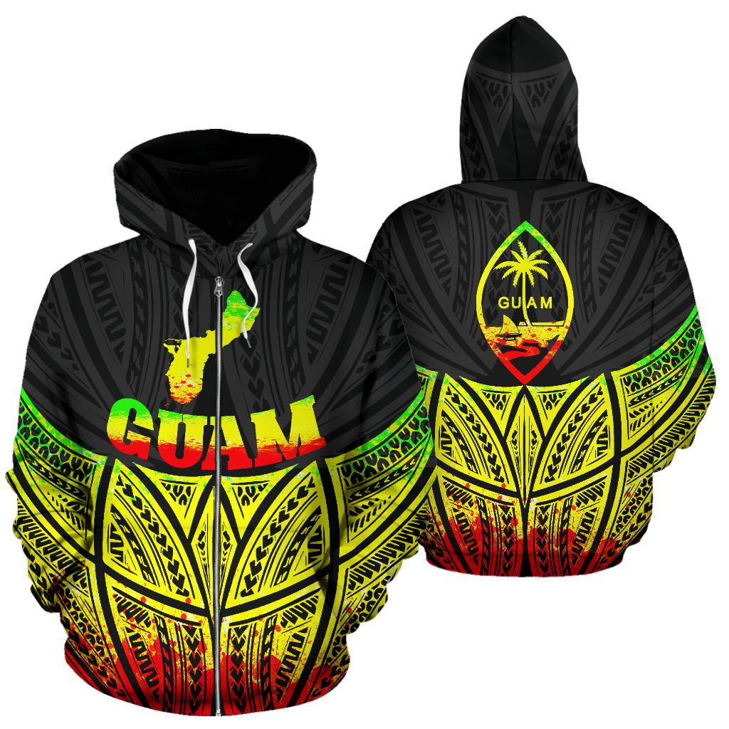 Guam Polynesian Zip up Hoodie Reggae Pride Map and Seal Unisex Reggae - Polynesian Pride