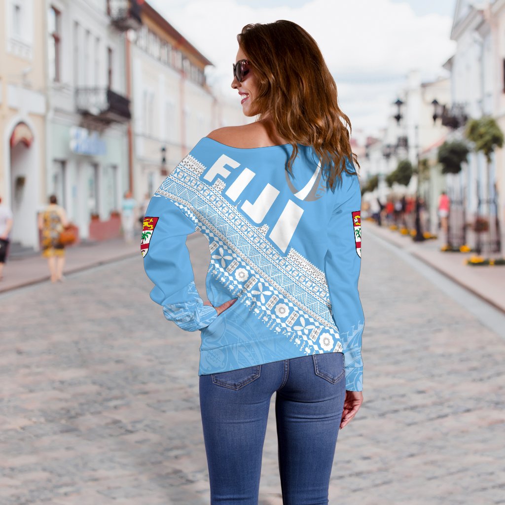Fiji Tapa Rugby Women Off Shoulder Sweater version Style You Win - Blue - Polynesian Pride