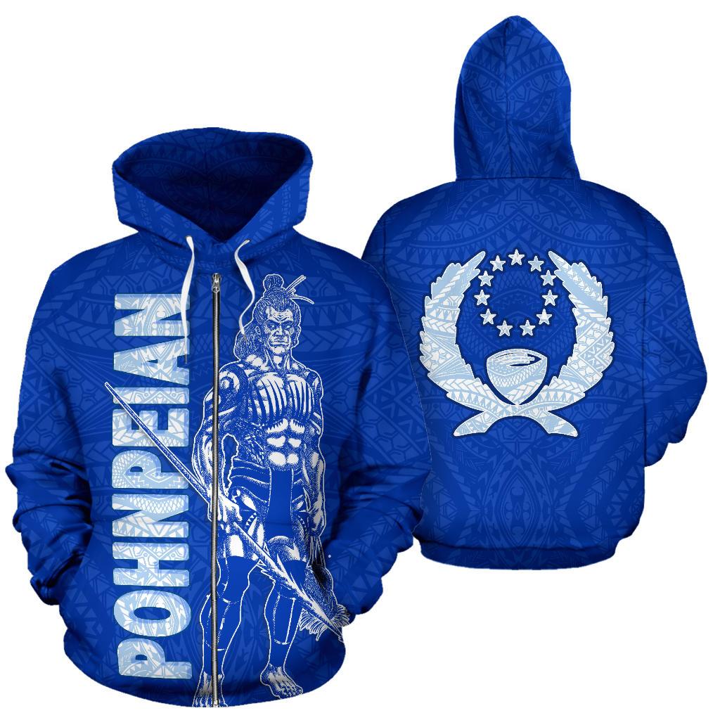 Pohnpei Zip up Hoodie Micronesia Pohnpeian Warrior Flag Color Unisex Blue - Polynesian Pride