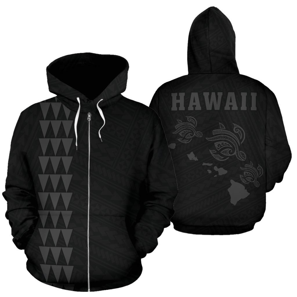 Polynesian Kakau Three Turtle Map of Hawaii Zip Hoodie Grey Unisex Grey - Polynesian Pride