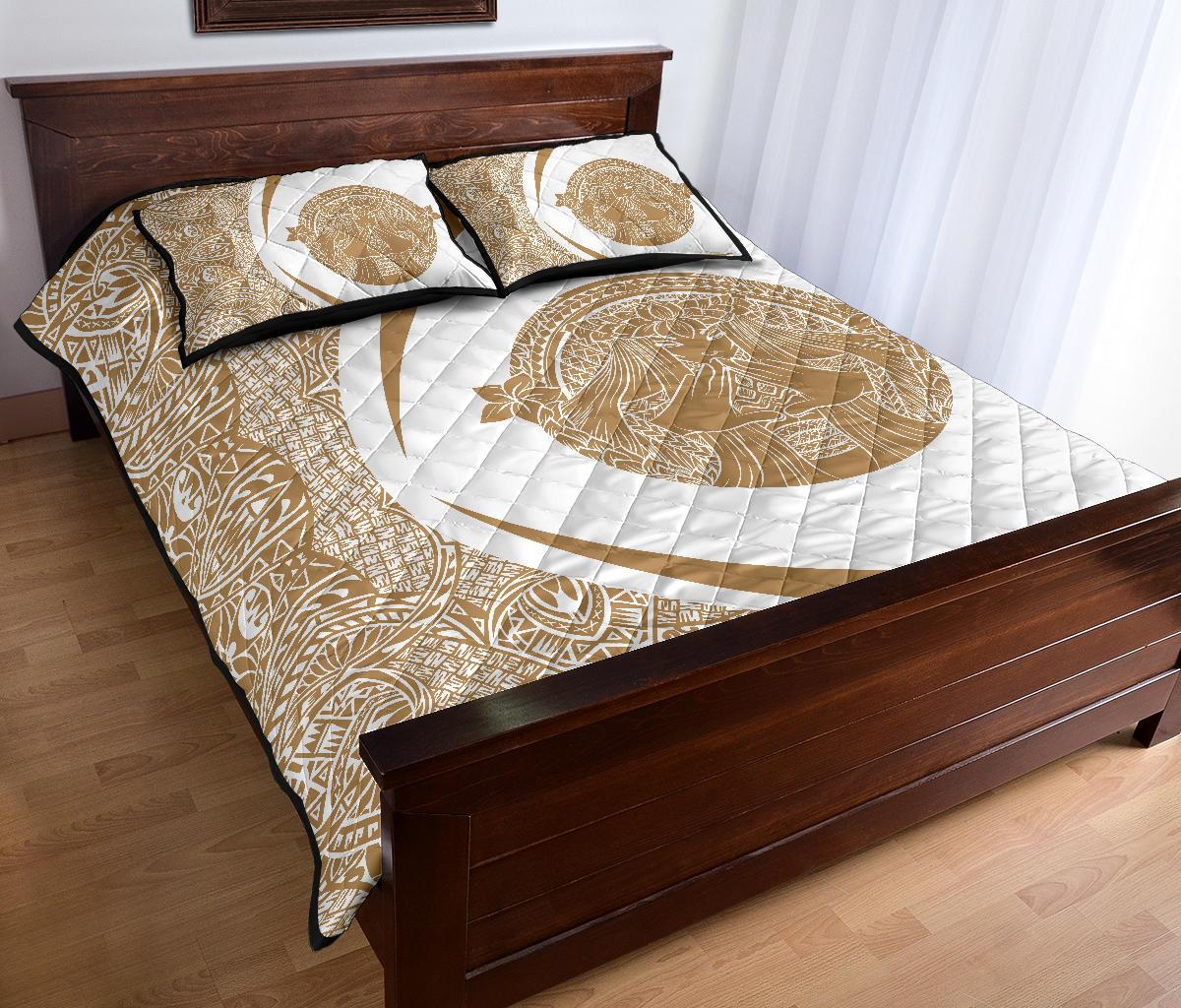 Hawaii Polynesian Pele Mauna Kea Quilt Bed Set Circle Style Gold & White - Polynesian Pride