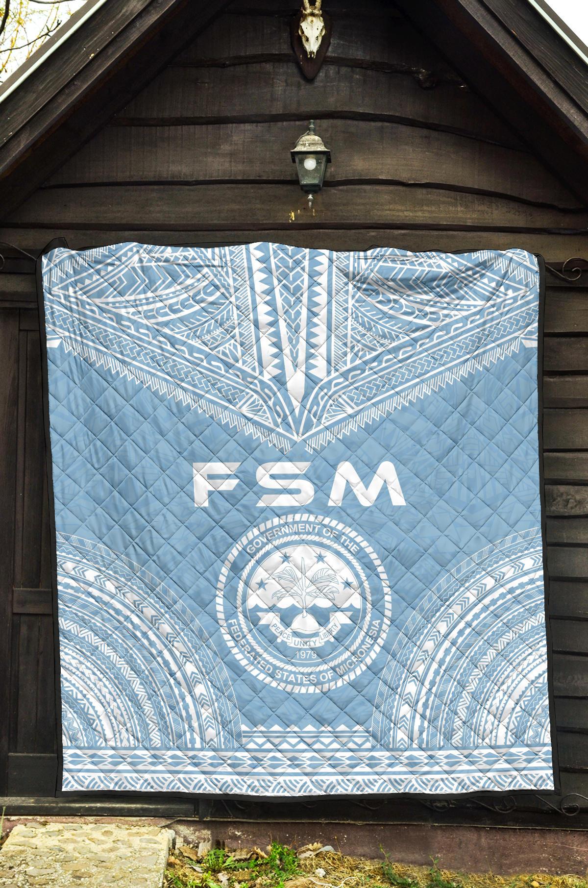 Federated States Of Micronesia Premium Quilt - FSM Seal Polynesian Chief Light Blue Version - Polynesian Pride