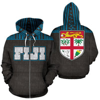 Fiji Tapa All Over Zip up Hoodie Blue Unisex White - Polynesian Pride