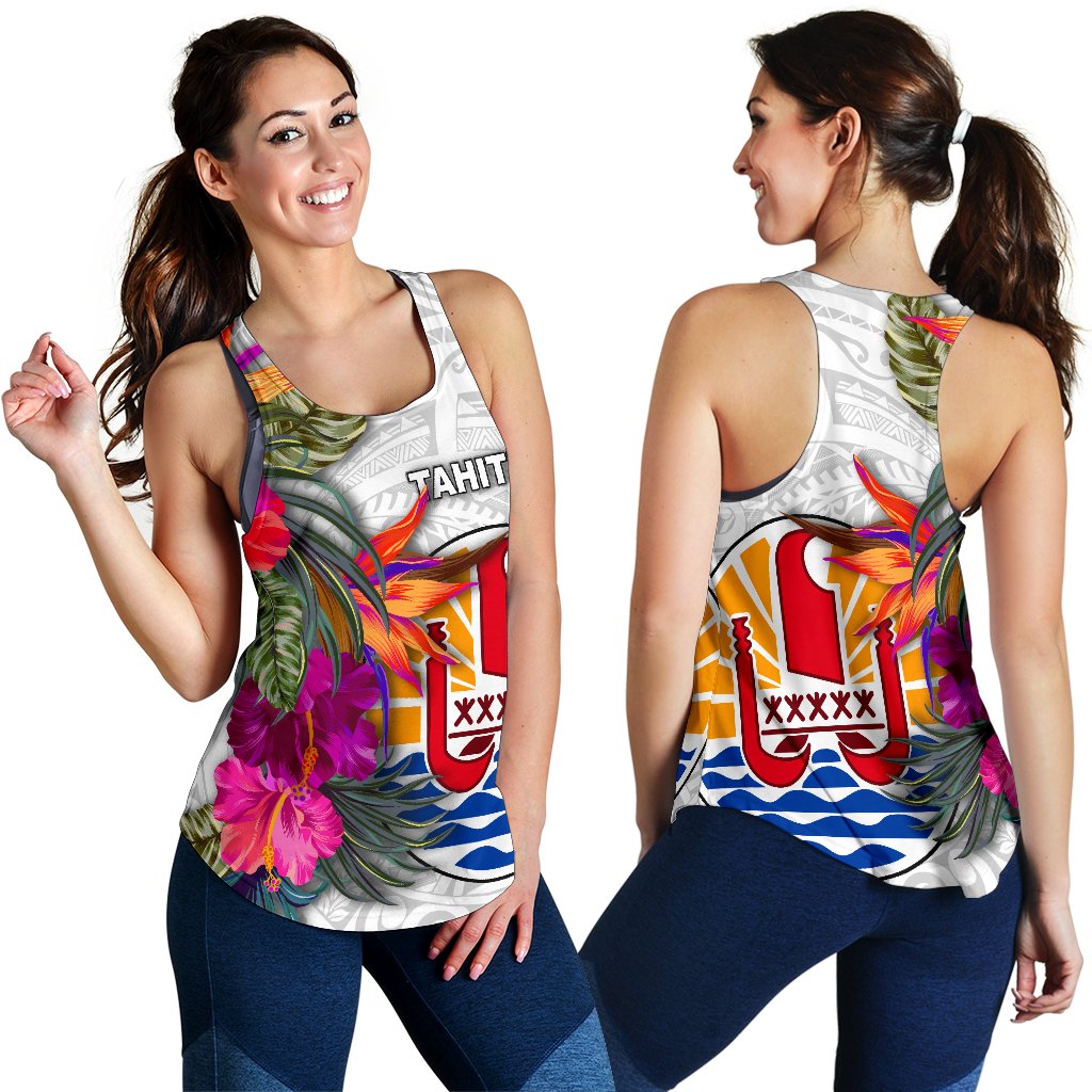 Tahiti Women's Racerback Tank Polynesian Hibiscus White Pattern White - Polynesian Pride