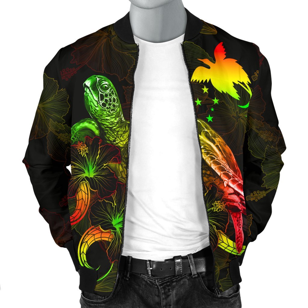 Papua New Guinea Polynesian Men's Bomber Jacket - Turtle With Blooming Hibiscus Reggae - Polynesian Pride