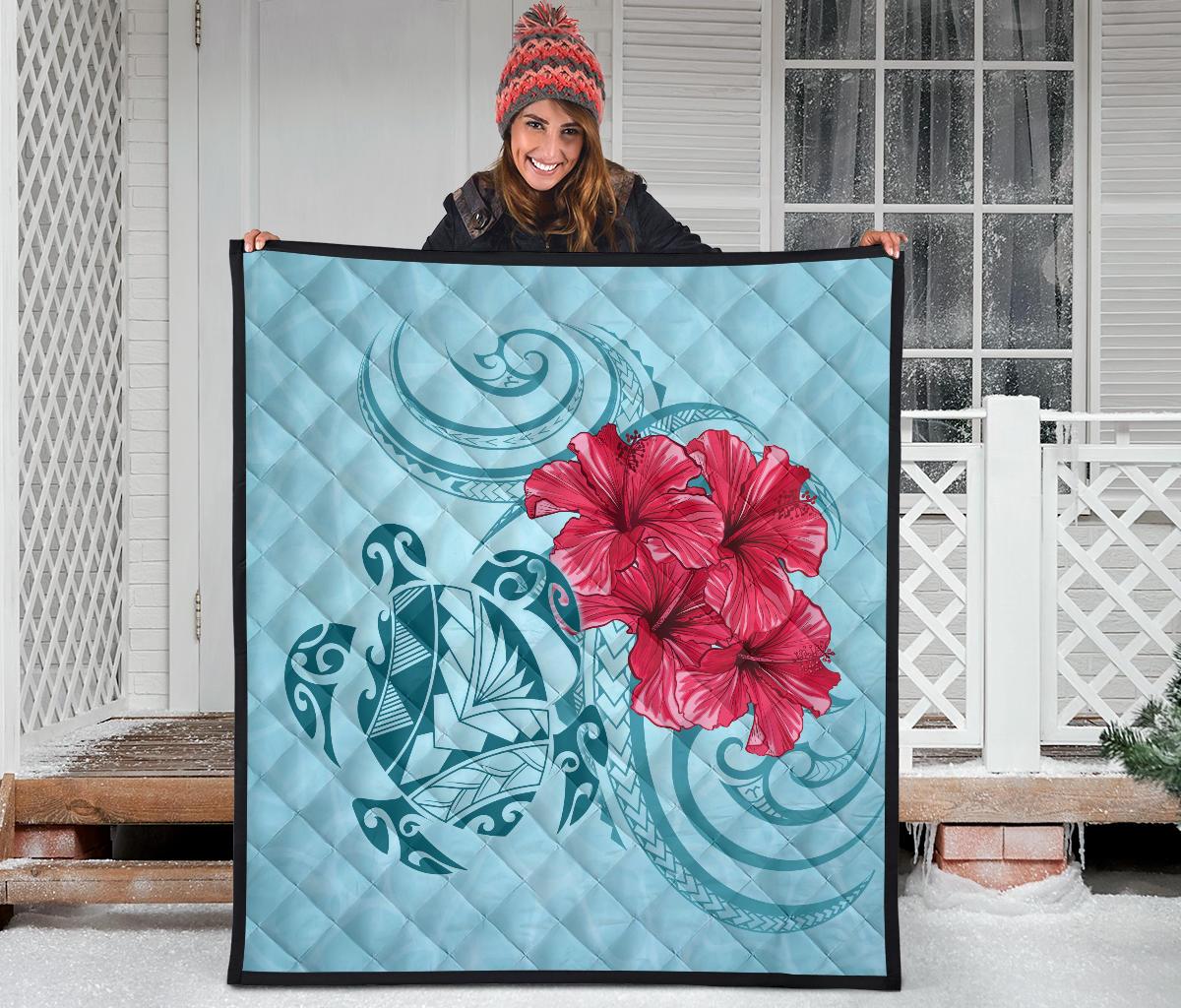 Hawaii Polynesian Turtle Hibiscus Blue Premium Quilt - Bless Style - Polynesian Pride