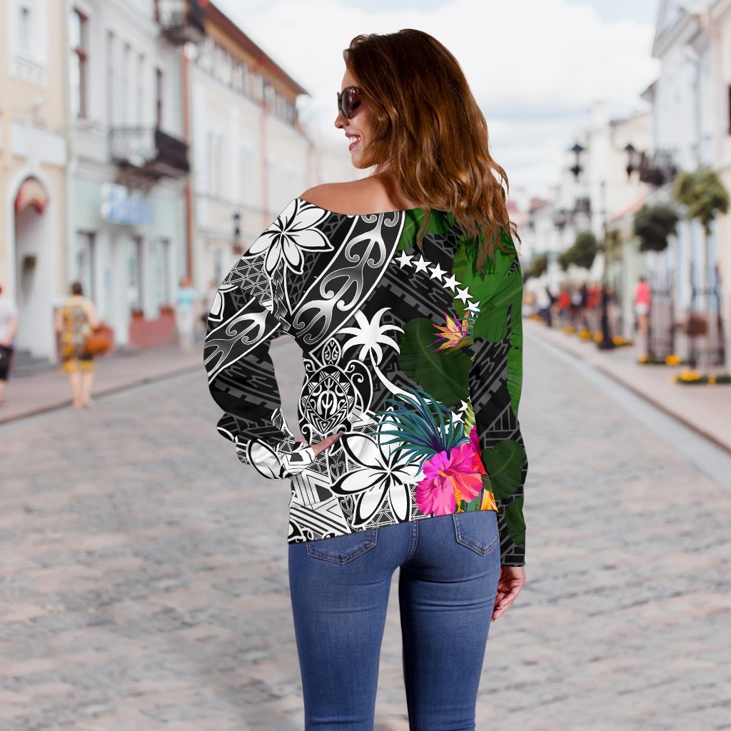 Chuuk Off Shoulder Sweater - Turtle Plumeria Banana Leaf - Polynesian Pride
