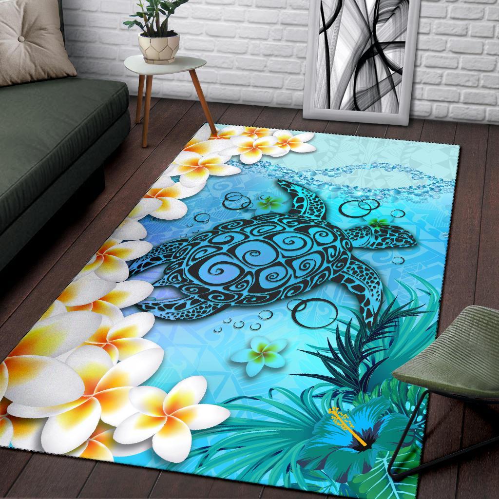 Polynesian Turtle Area Rug, Plumeria with Hibiscus - Polynesian Pride