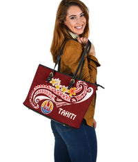 Tahiti Leather Tote Bag - Tahiti Seal Polynesian Patterns Plumeria - Polynesian Pride