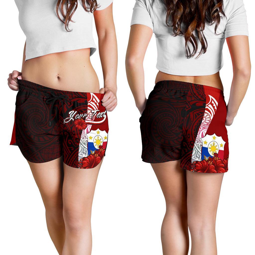 Philippines Polynesian Custom Personalised Women's Shorts - Coat Of Arm With Hibiscus Women Red - Polynesian Pride