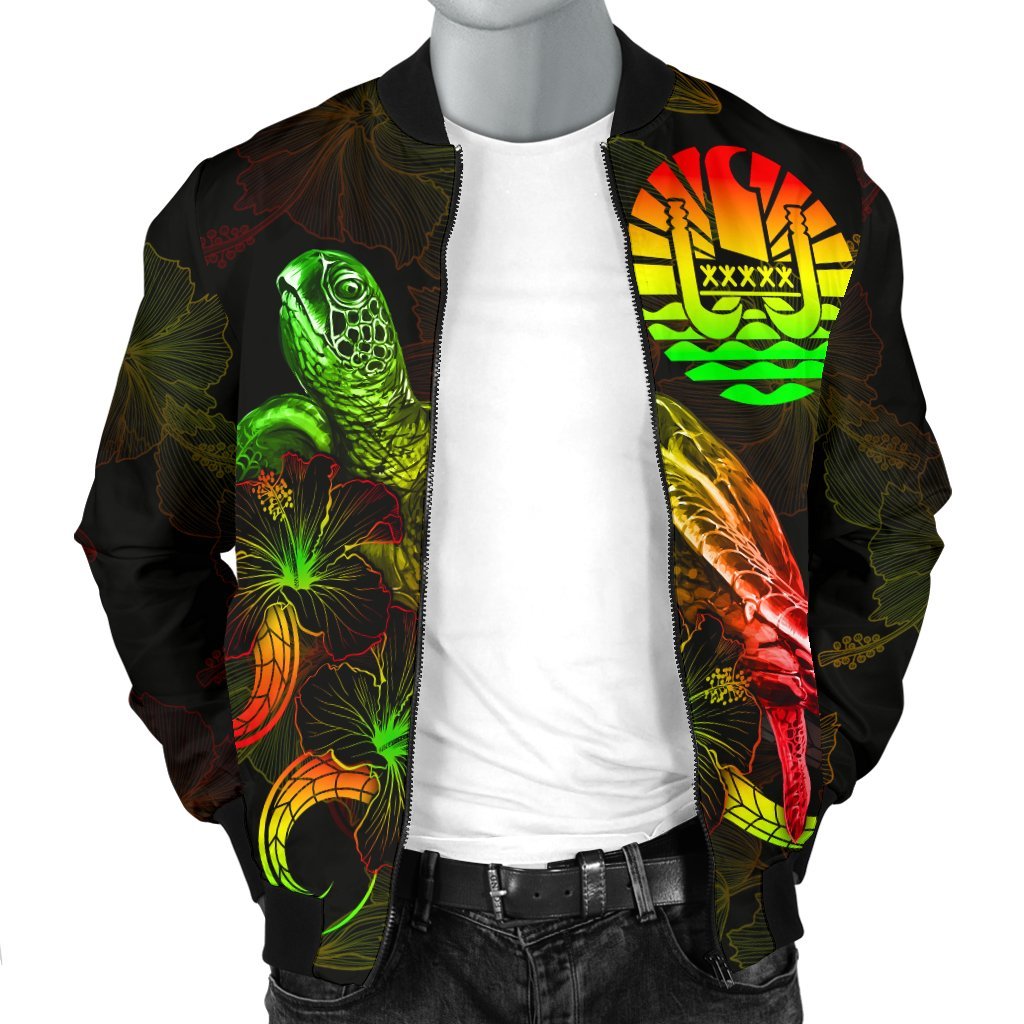 Tahiti Polynesian Men's Bomber Jacket - Turtle With Blooming Hibiscus Reggae - Polynesian Pride