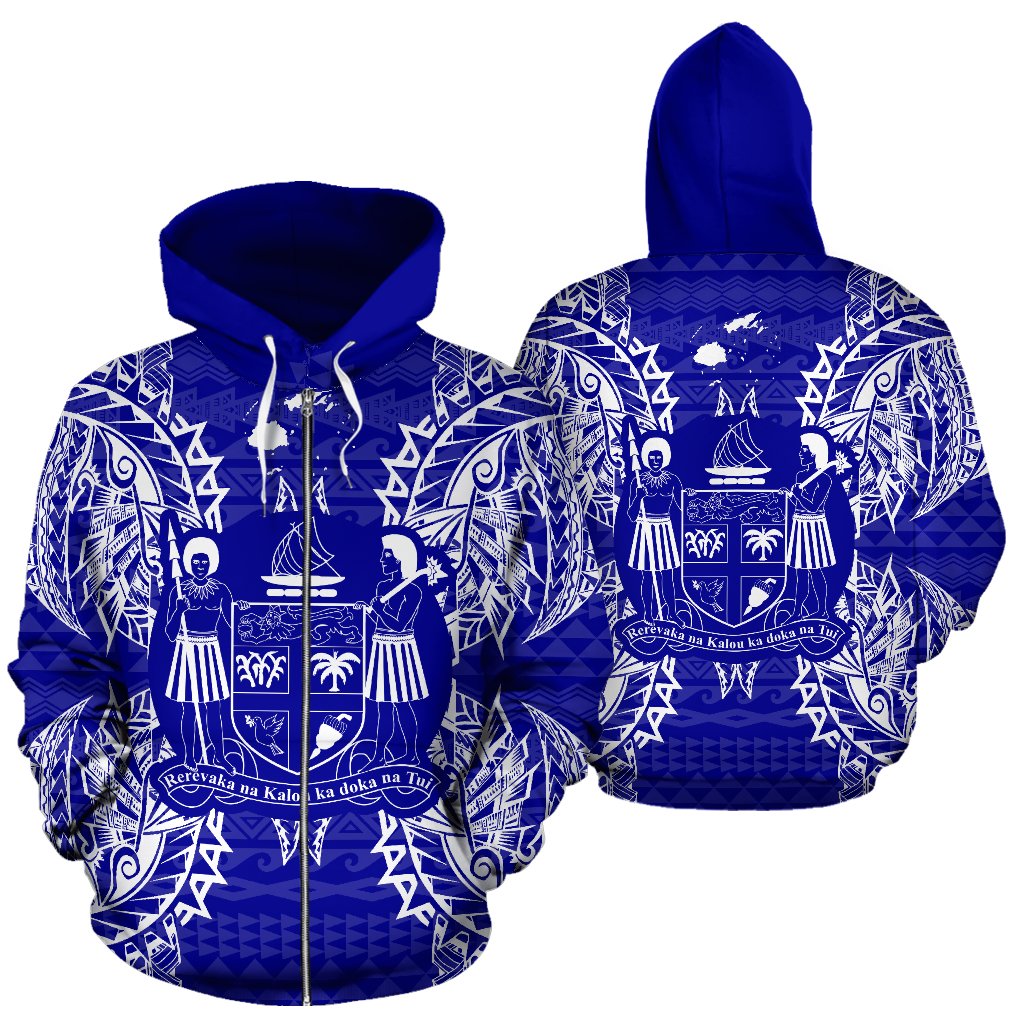 Fiji Polynesian All Over Zip up Hoodie Map Blue Unisex Blue - Polynesian Pride
