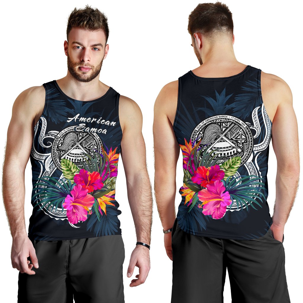 American Samoa Polynesian Men's Tank Top - Tropical Flower Blue - Polynesian Pride