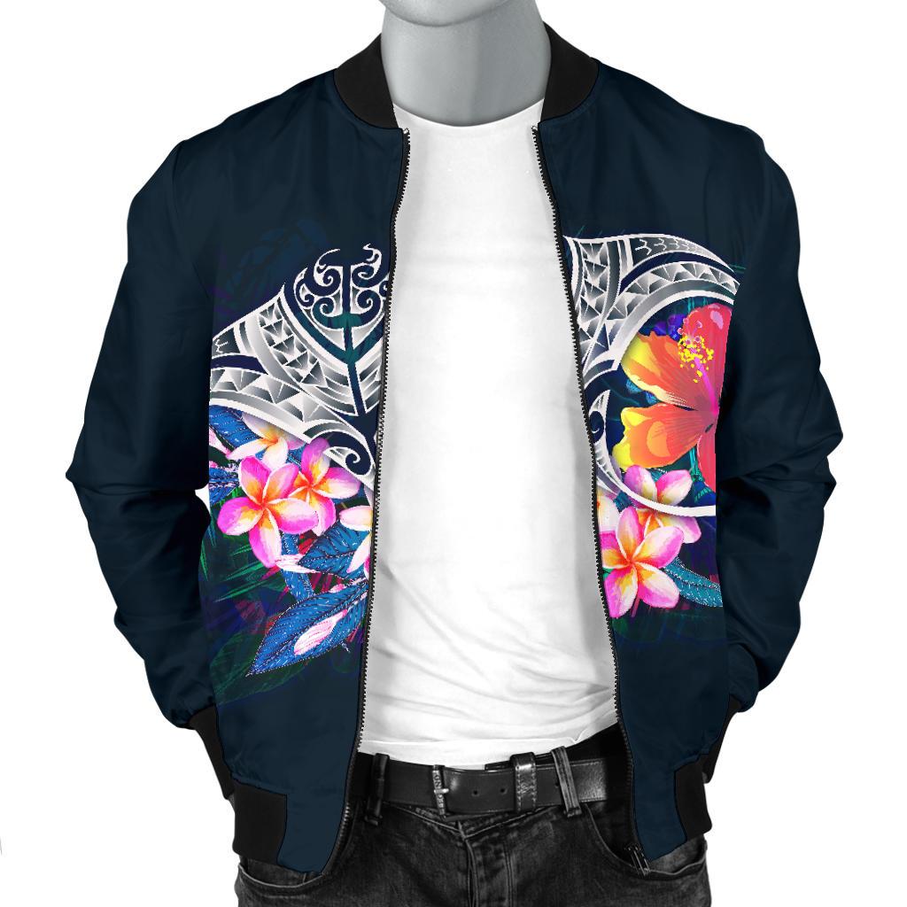 Polynesian Men's Bomber Jacket - Manta Ray And Hibiscus - Polynesian Pride