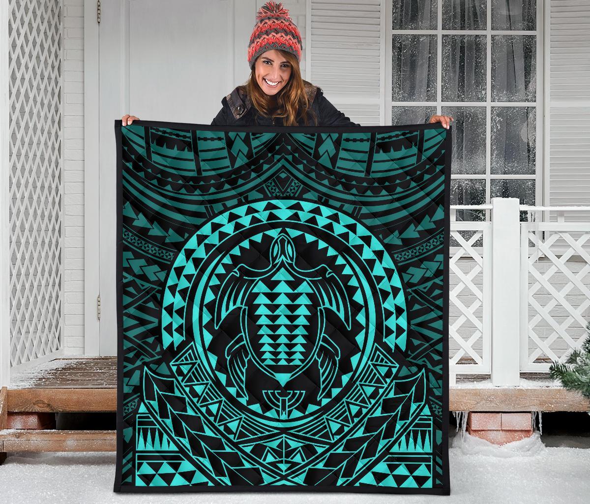 Hawaiian Kakau Honu Arc Turquoise Polynesian Premium Quilt - Polynesian Pride