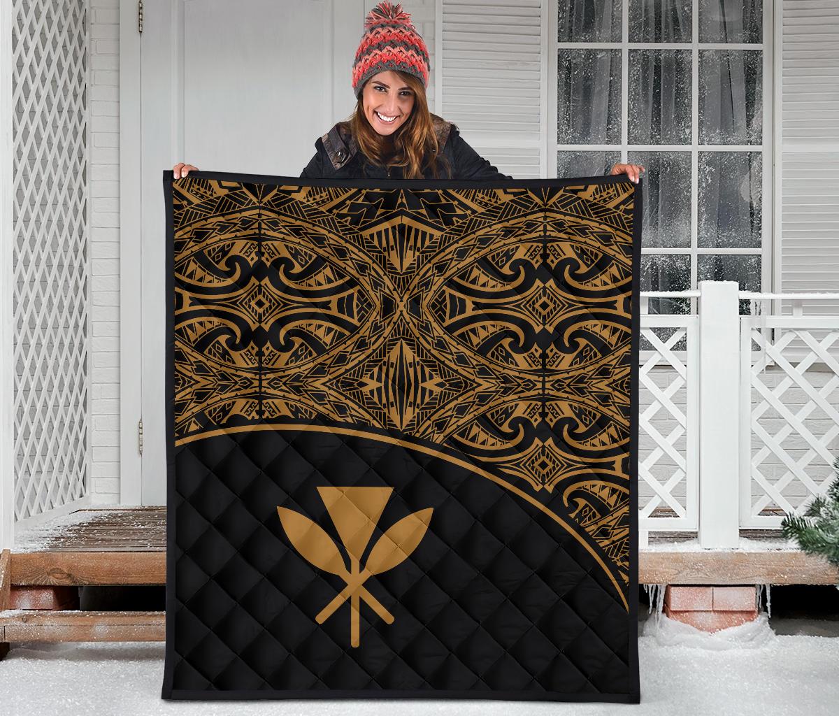 Hawaii Polynesian Premium Quilt - Yellow Kanaka Maoli Curve Version - Polynesian Pride