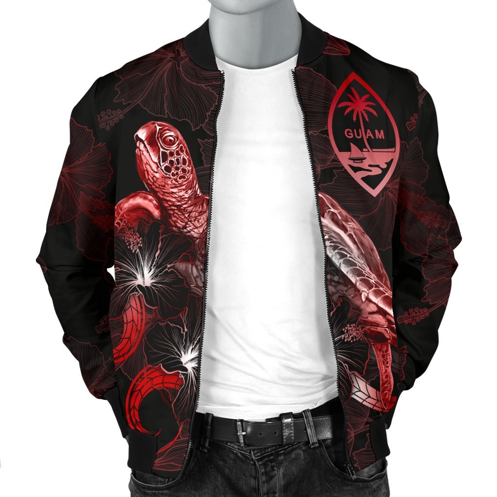 Guam Polynesian Men's Bomber Jacket - Turtle With Blooming Hibiscus Red - Polynesian Pride
