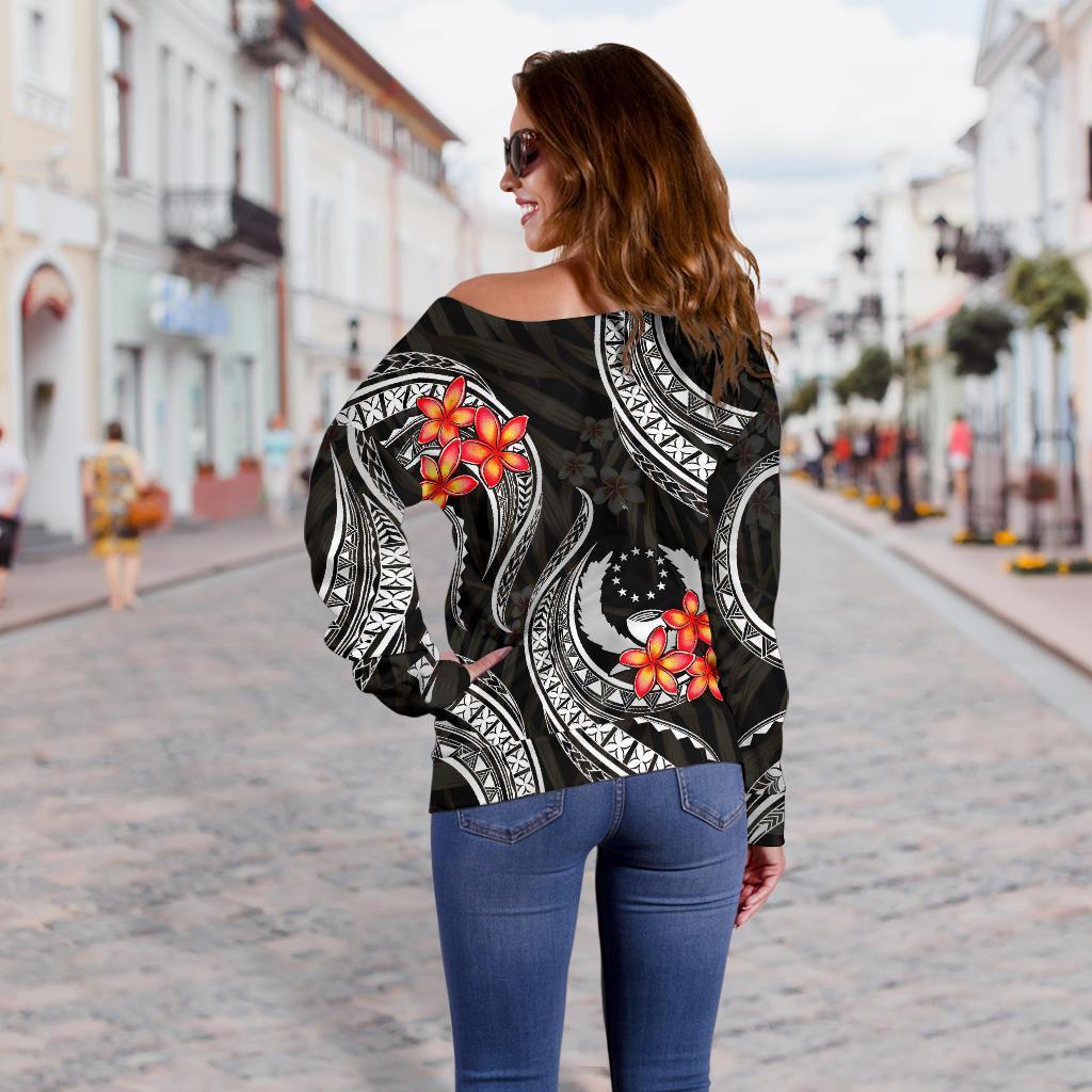 Pohnpei Micronesian Women Off Shoulder Sweater - Black Plumeria - Polynesian Pride