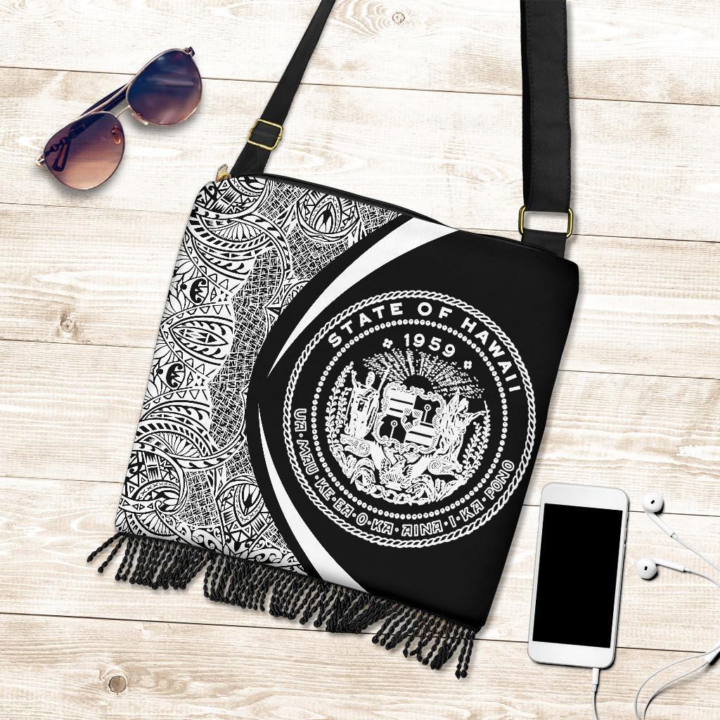 Hawaii Coat Of Arms Polynesian Crossbody Boho Handbag - Circle Style White - Polynesian Pride